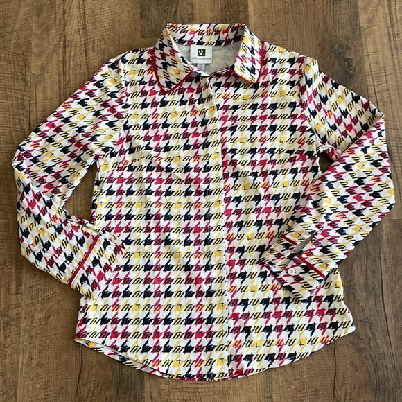 Vicky and Lukas Houndstooth Button Down Top Medium Red/yellow/blue/black/white - Picture 1 of 9